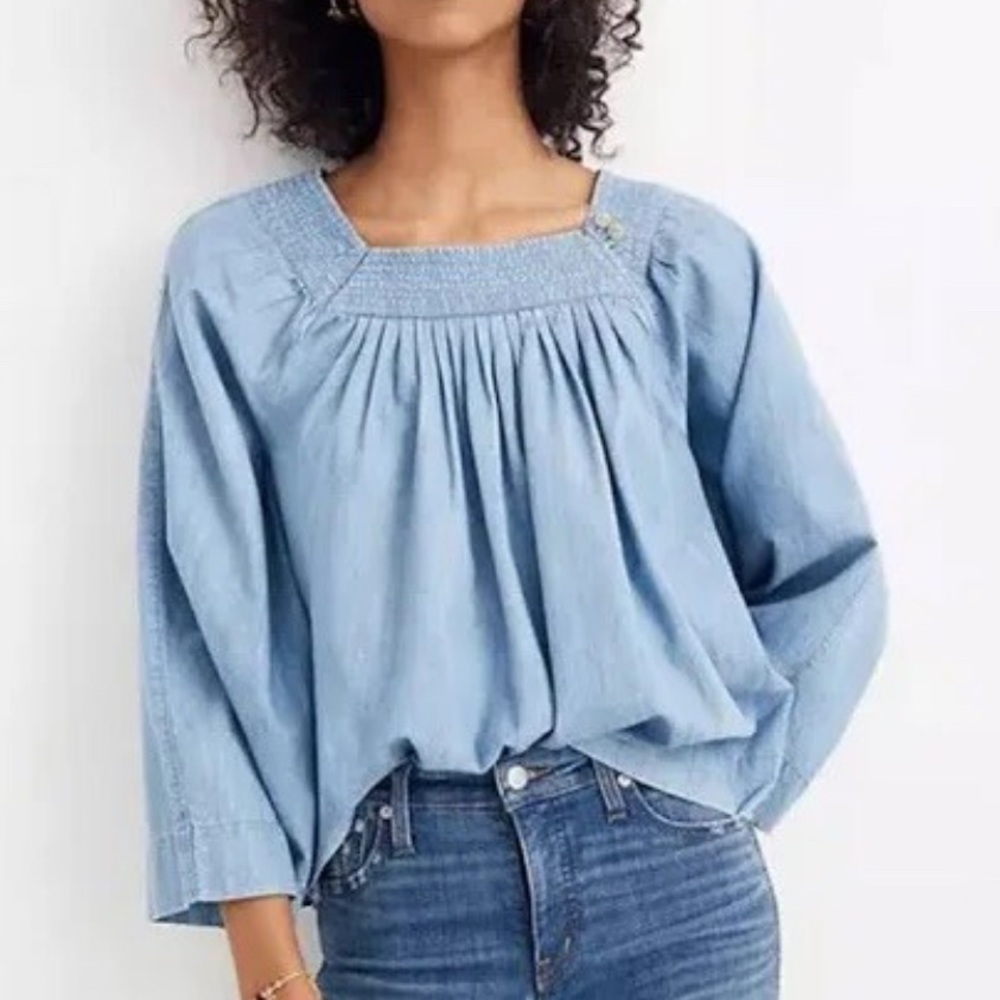 Madewell Square Neck Denim Top Blouse small basic capsule minimalist chambray